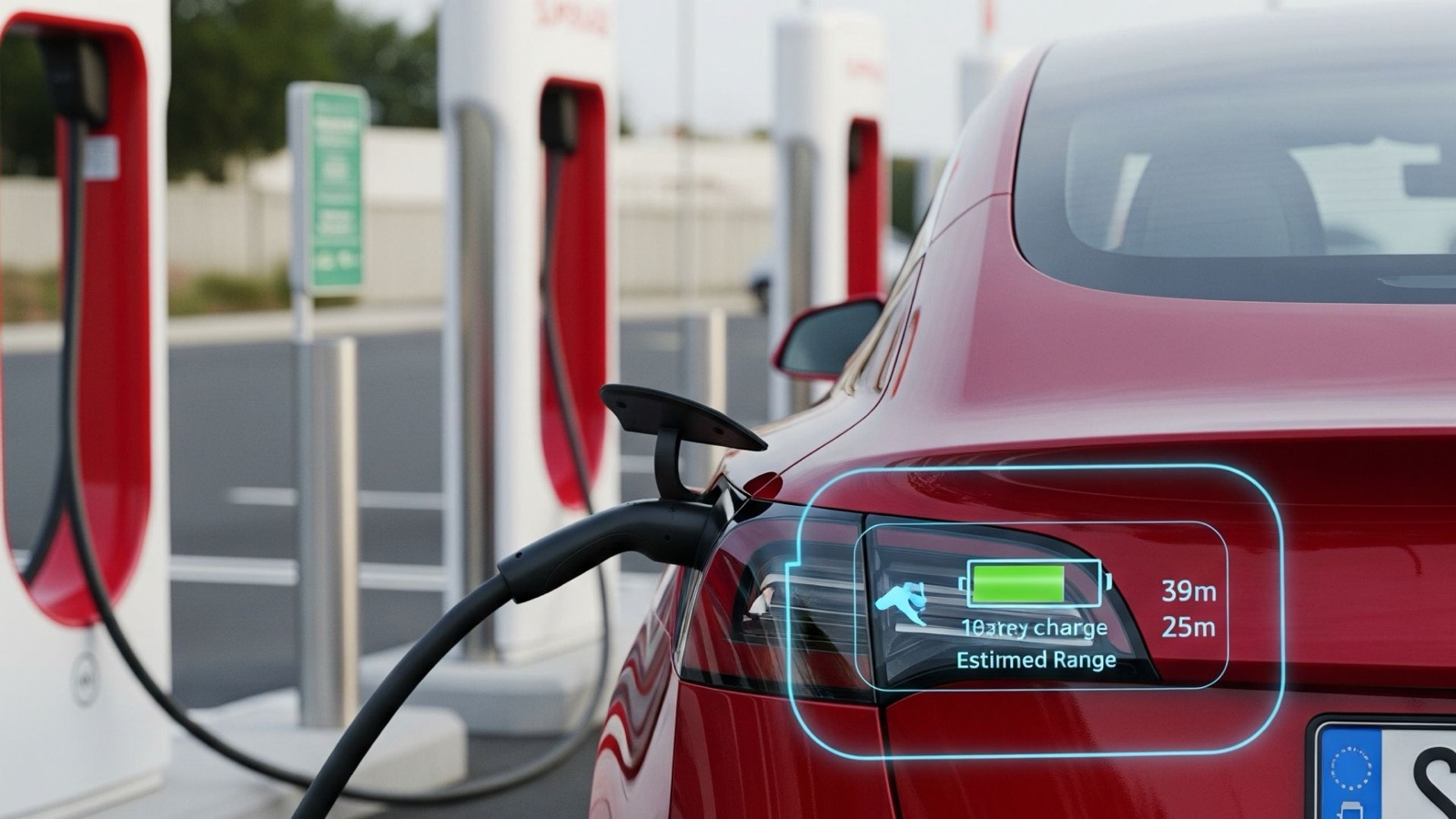 Tesla Model 3 blanco conectado a un punto de carga eléctrico